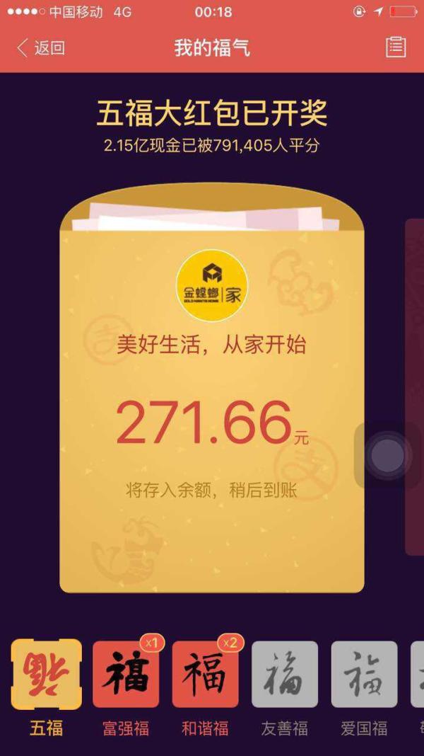 紅包戰(zhàn)：80億個(gè)微信紅包 79萬人咻到271元 北京排12